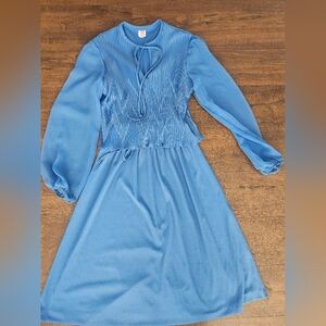 70's vintage Woolite Blue pleated dress with tie front and long bell sleeves